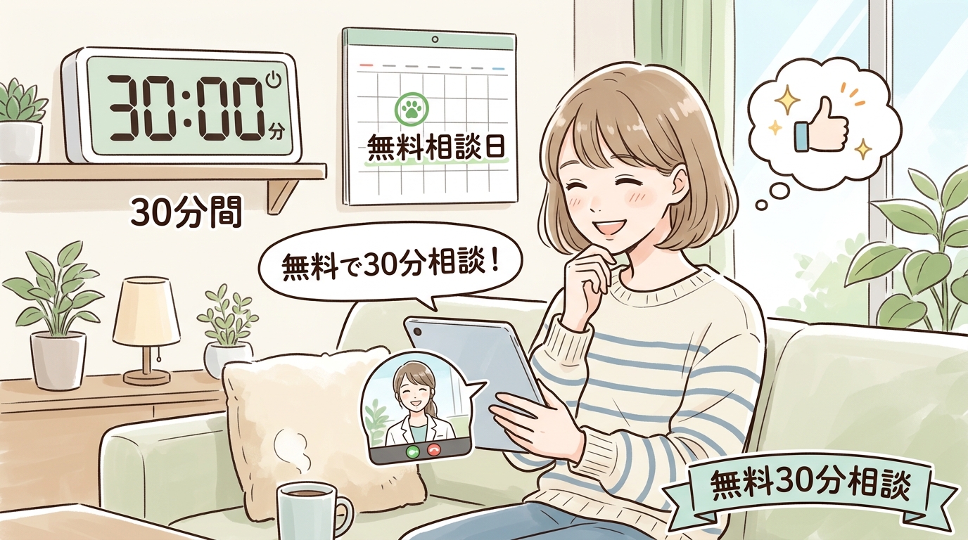 自宅からリラックスして30分間の無料相談を受け、笑顔を見せる女性