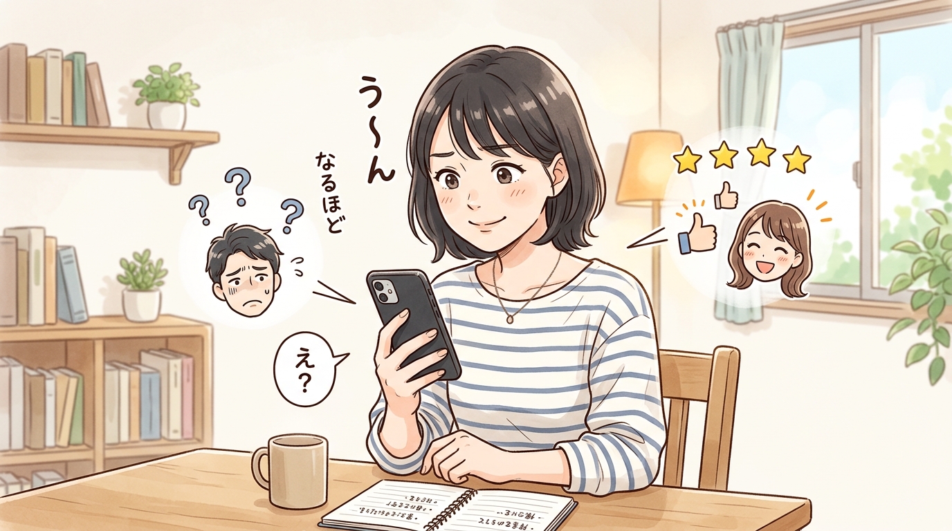 スマホで口コミや評判をチェックし、サービスの利用を検討している女性