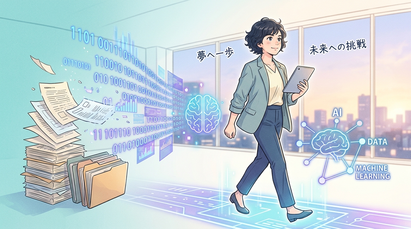 AIスキルの習得と転職を目指して未来へ歩む女性のイメージ